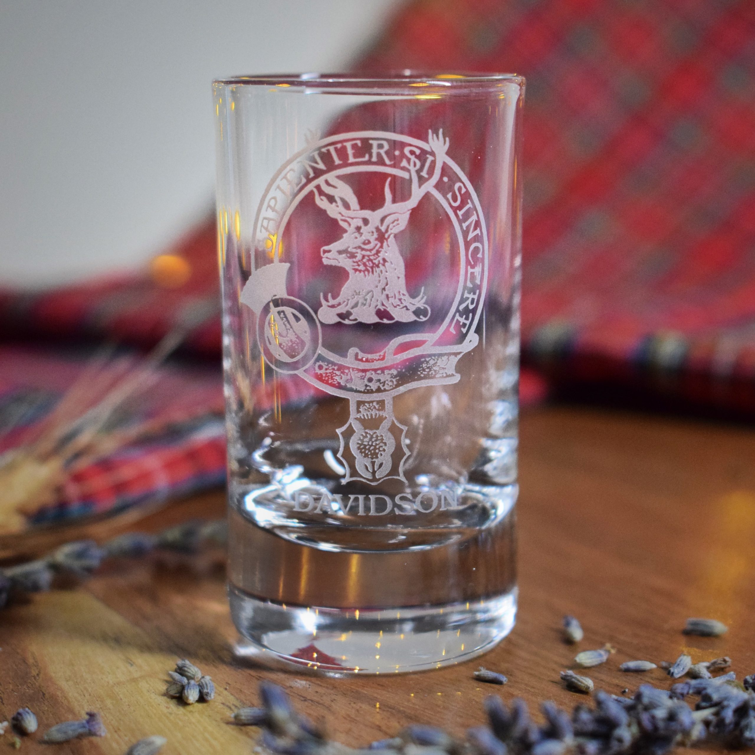 Collins Tot (sq) Burns Collins Tot Glass with Clan Engraving Scottish gift